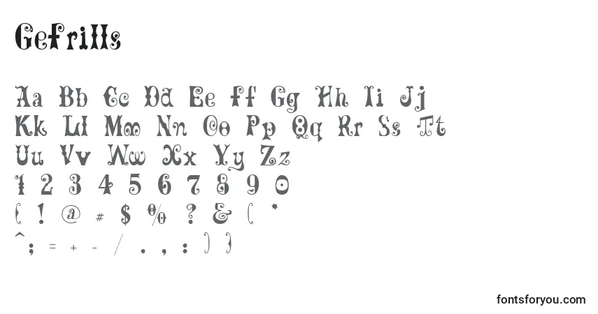 Schriftart GeFrills – Alphabet, Zahlen, spezielle Symbole