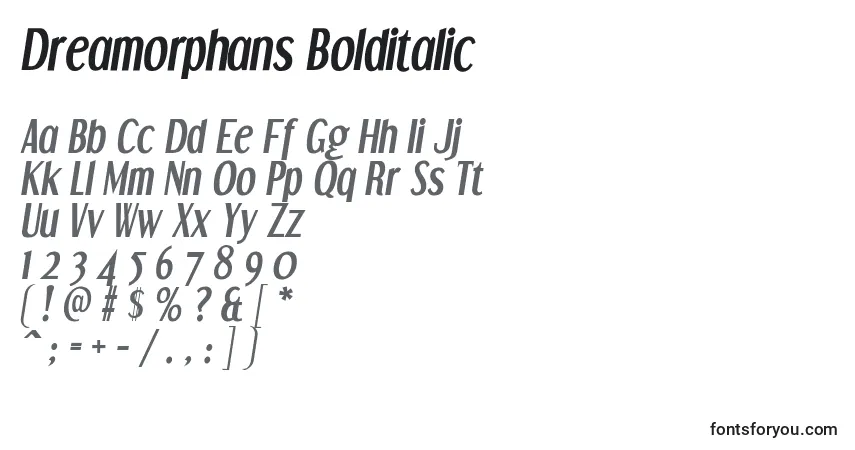 A fonte Dreamorphans Bolditalic – alfabeto, números, caracteres especiais