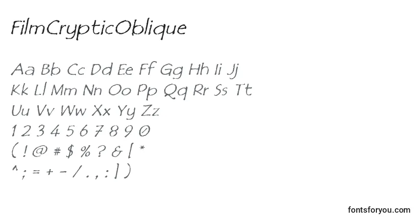 Czcionka FilmCrypticOblique – alfabet, cyfry, specjalne znaki