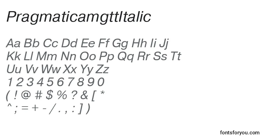 A fonte PragmaticamgttItalic – alfabeto, números, caracteres especiais