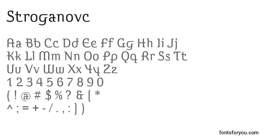 A fonte Stroganovc – alfabeto, números, caracteres especiais