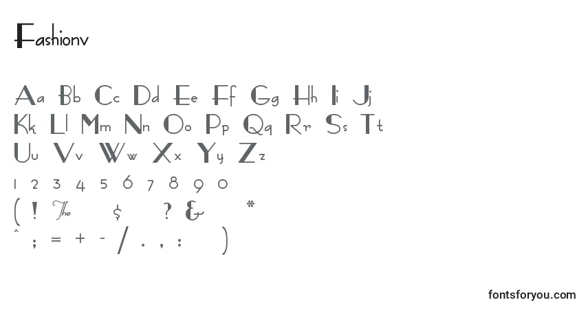 A fonte Fashionv – alfabeto, números, caracteres especiais