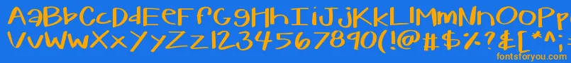 フォントKbwarmherup – オレンジ色の文字が青い背景にあります。