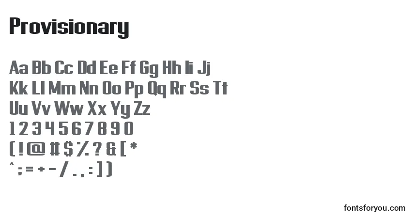 Czcionka Provisionary – alfabet, cyfry, specjalne znaki