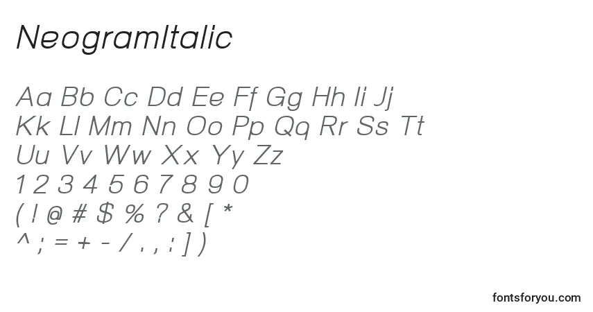 Schriftart NeogramItalic – Alphabet, Zahlen, spezielle Symbole