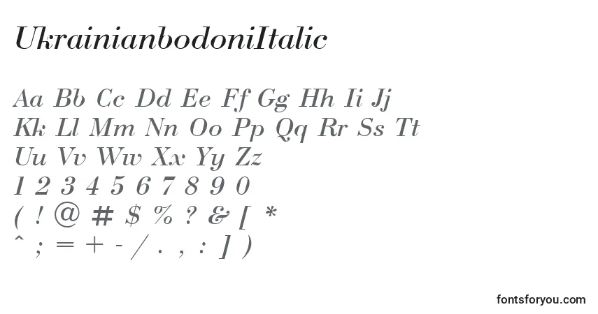 A fonte UkrainianbodoniItalic – alfabeto, números, caracteres especiais