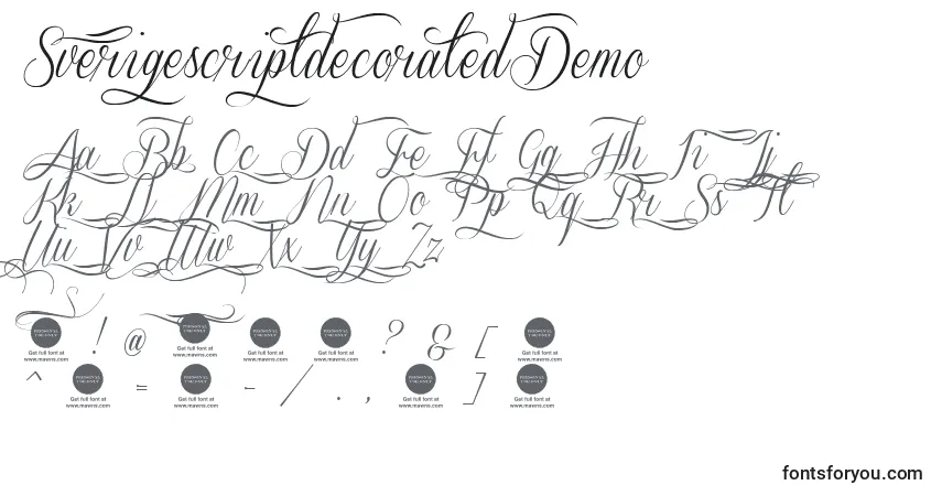 Schriftart SverigescriptdecoratedDemo – Alphabet, Zahlen, spezielle Symbole