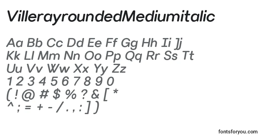 Czcionka VillerayroundedMediumitalic – alfabet, cyfry, specjalne znaki