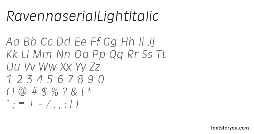 Schriftart RavennaserialLightItalic – Alphabet, Zahlen, spezielle Symbole