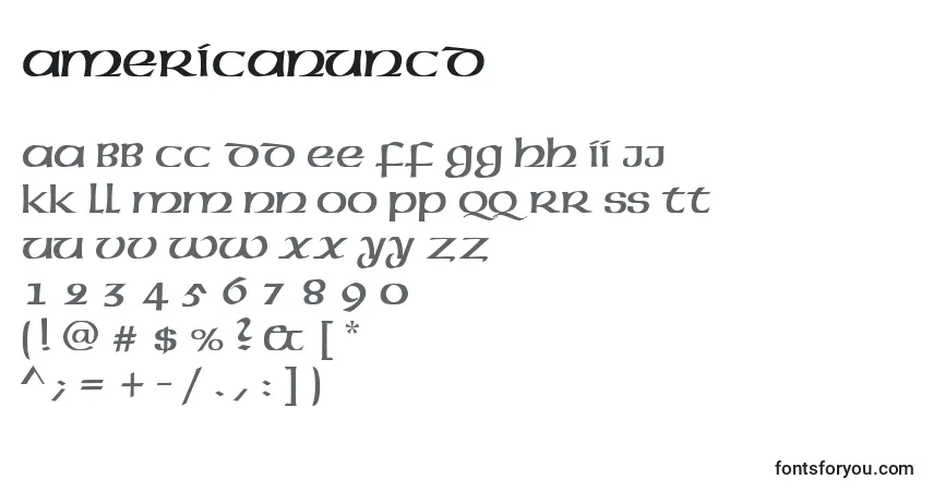 A fonte Americanuncd – alfabeto, números, caracteres especiais