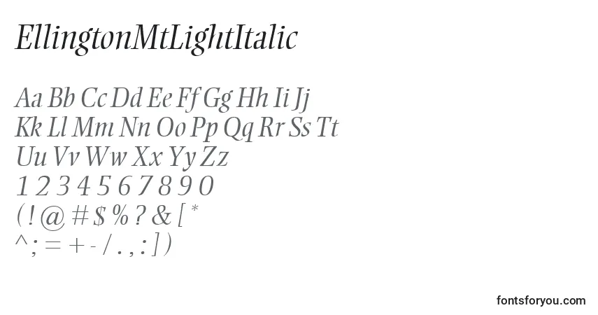 EllingtonMtLightItalic-fontti – aakkoset, numerot, erikoismerkit