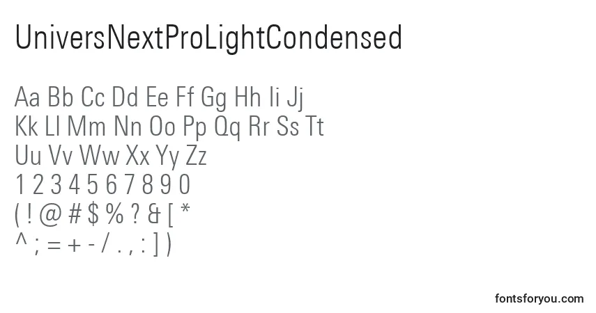 Schriftart UniversNextProLightCondensed – Alphabet, Zahlen, spezielle Symbole