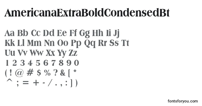 A fonte AmericanaExtraBoldCondensedBt – alfabeto, números, caracteres especiais
