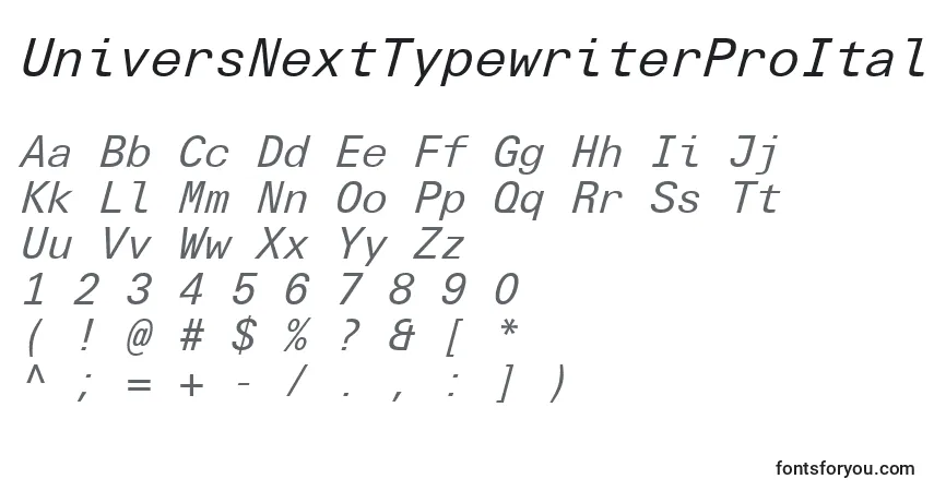 Czcionka UniversNextTypewriterProItalic – alfabet, cyfry, specjalne znaki