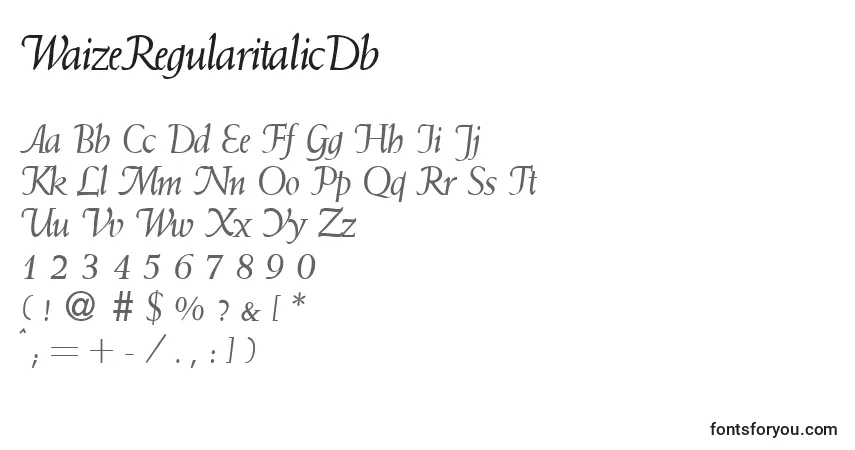 Czcionka WaizeRegularitalicDb – alfabet, cyfry, specjalne znaki