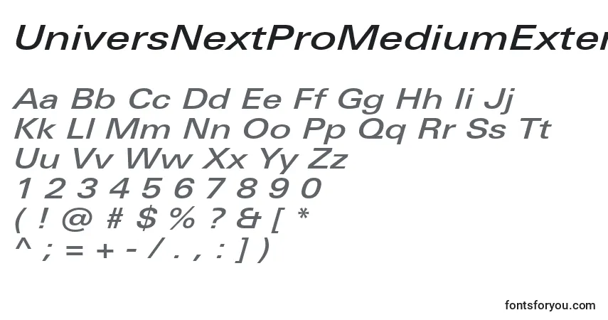 Schriftart UniversNextProMediumExtendedItalic – Alphabet, Zahlen, spezielle Symbole