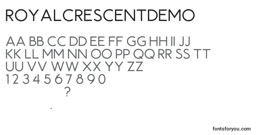 Schriftart RoyalCrescentDemo – Alphabet, Zahlen, spezielle Symbole