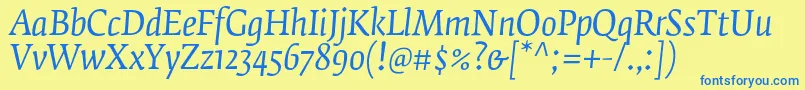 FedraserifbproBookitalic-Schriftart – Blaue Schriften auf gelbem Hintergrund