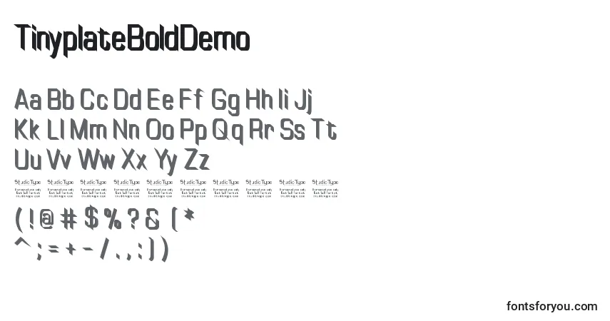 Czcionka TinyplateBoldDemo – alfabet, cyfry, specjalne znaki