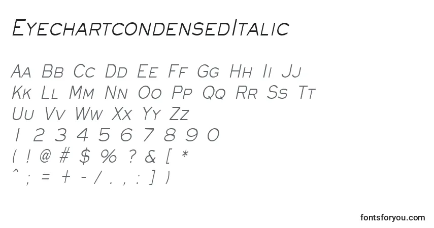 Czcionka EyechartcondensedItalic – alfabet, cyfry, specjalne znaki