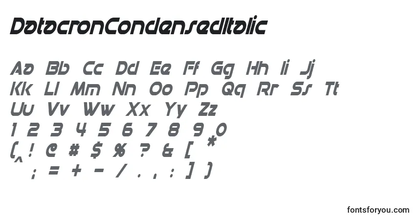 A fonte DatacronCondensedItalic – alfabeto, números, caracteres especiais