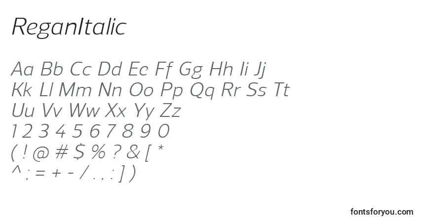 A fonte ReganItalic – alfabeto, números, caracteres especiais