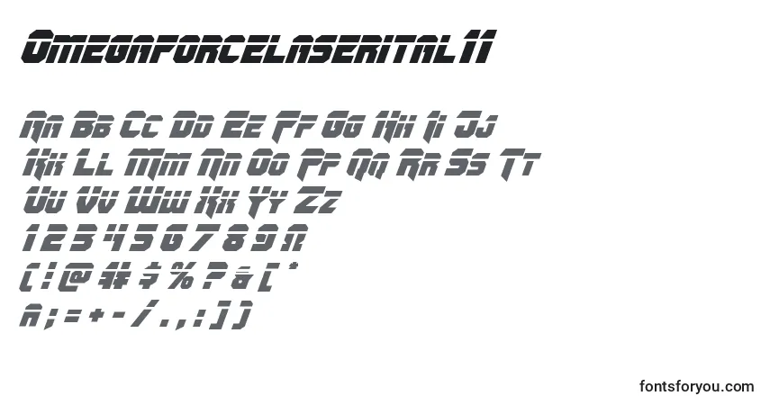 Czcionka Omegaforcelaserital11 – alfabet, cyfry, specjalne znaki