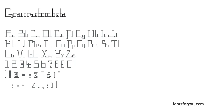 Czcionka Gravimetricbeta – alfabet, cyfry, specjalne znaki