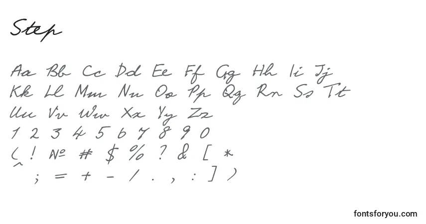 Czcionka Step – alfabet, cyfry, specjalne znaki