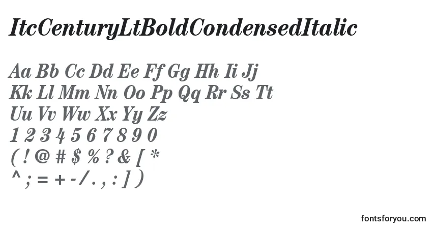 A fonte ItcCenturyLtBoldCondensedItalic – alfabeto, números, caracteres especiais