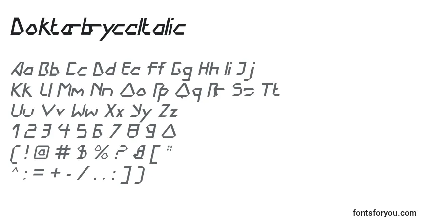 Шрифт DokterbryceItalic – алфавит, цифры, специальные символы