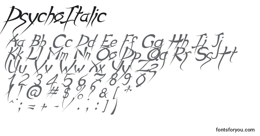Czcionka PsychoItalic – alfabet, cyfry, specjalne znaki