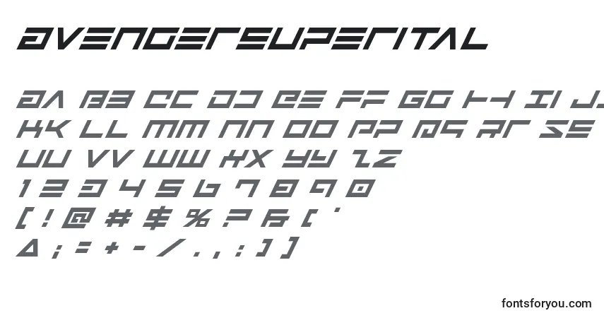 Czcionka Avengersuperital – alfabet, cyfry, specjalne znaki