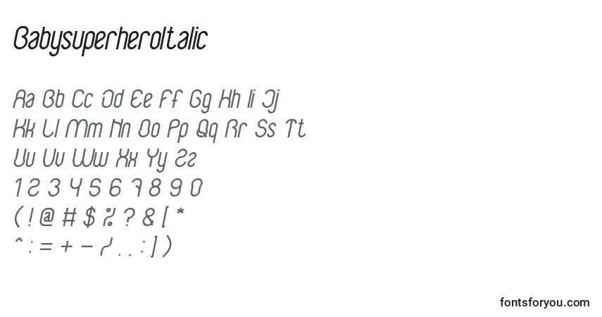 Czcionka BabysuperheroItalic – alfabet, cyfry, specjalne znaki