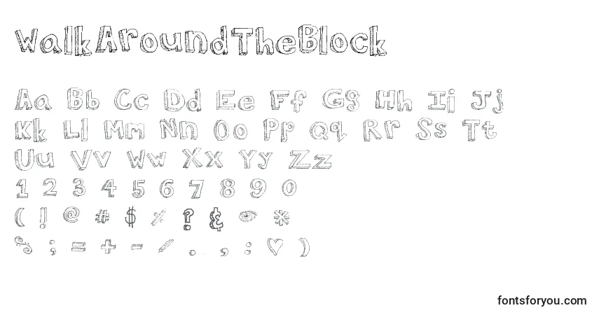 Czcionka WalkAroundTheBlock – alfabet, cyfry, specjalne znaki