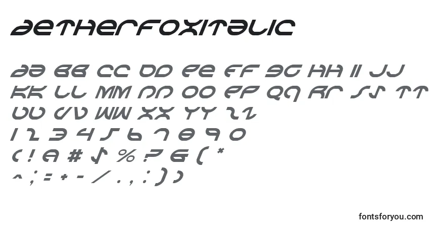 Шрифт AetherfoxItalic – алфавит, цифры, специальные символы