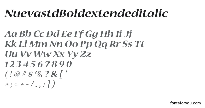 A fonte NuevastdBoldextendeditalic – alfabeto, números, caracteres especiais