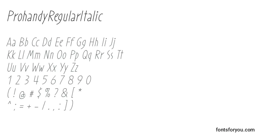 A fonte ProhandyRegularItalic – alfabeto, números, caracteres especiais