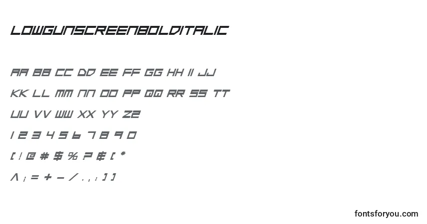 Шрифт LowGunScreenBoldItalic – алфавит, цифры, специальные символы