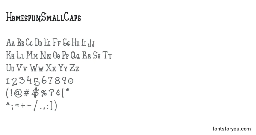 Czcionka HomespunSmallCaps – alfabet, cyfry, specjalne znaki