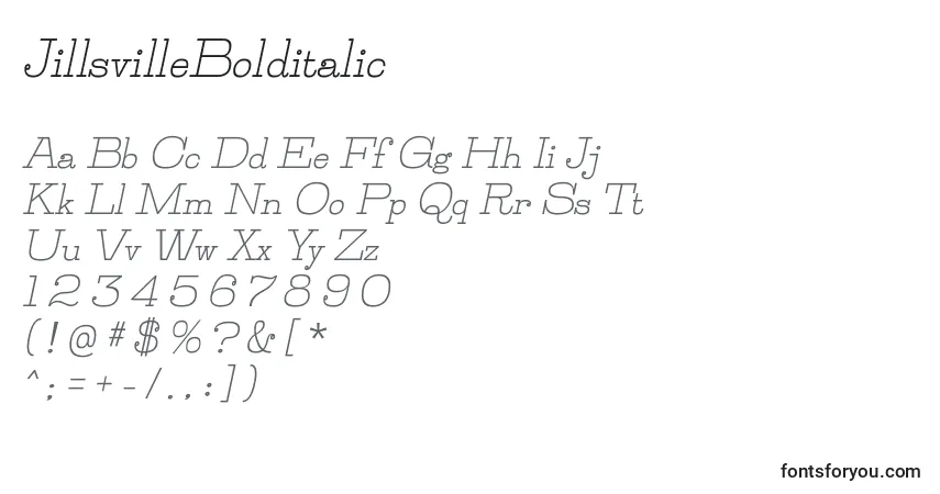 Czcionka JillsvilleBolditalic – alfabet, cyfry, specjalne znaki