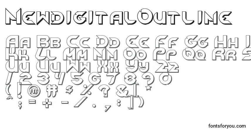 Czcionka NewdigitalOutline – alfabet, cyfry, specjalne znaki