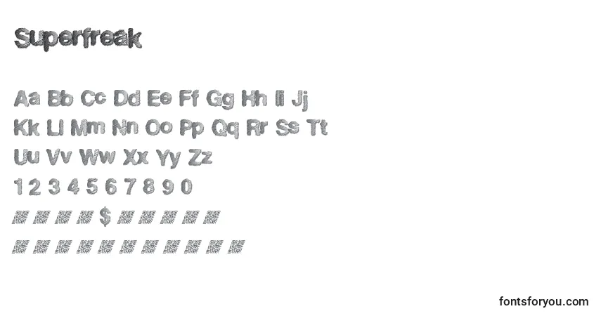 Czcionka Superfreak – alfabet, cyfry, specjalne znaki