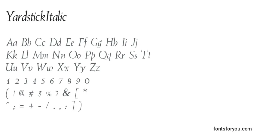 A fonte YardstickItalic – alfabeto, números, caracteres especiais