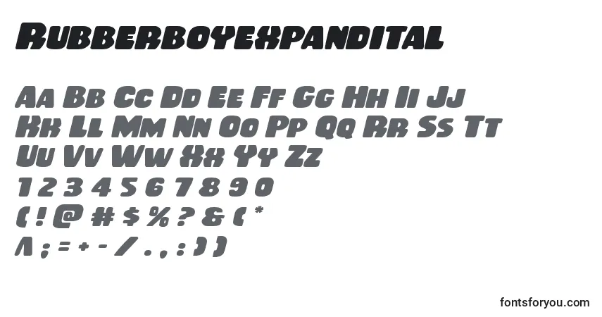 Schriftart Rubberboyexpandital – Alphabet, Zahlen, spezielle Symbole