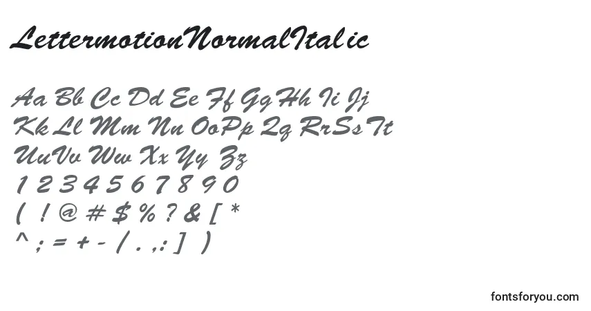 Schriftart LettermotionNormalItalic – Alphabet, Zahlen, spezielle Symbole