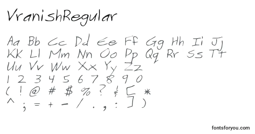 A fonte VranishRegular – alfabeto, números, caracteres especiais
