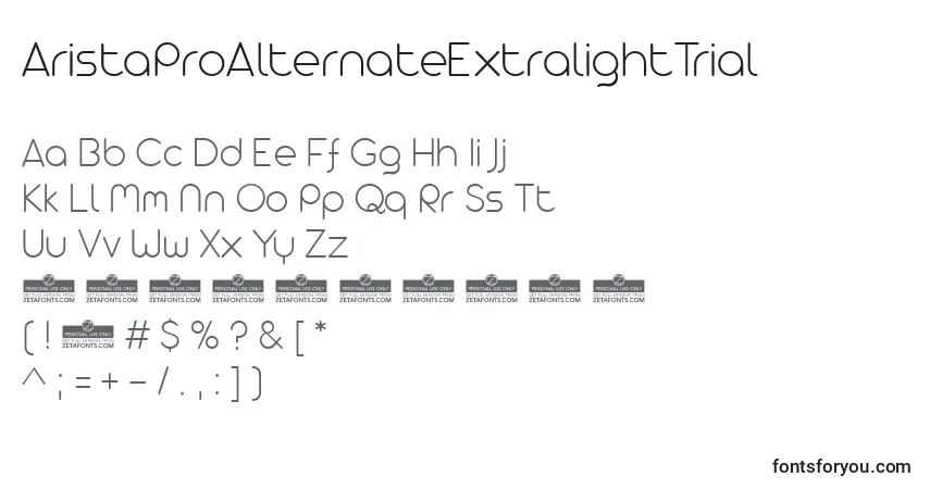 Czcionka AristaProAlternateExtralightTrial – alfabet, cyfry, specjalne znaki