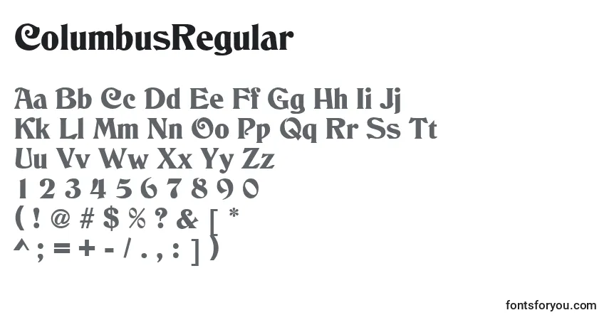 Czcionka ColumbusRegular – alfabet, cyfry, specjalne znaki