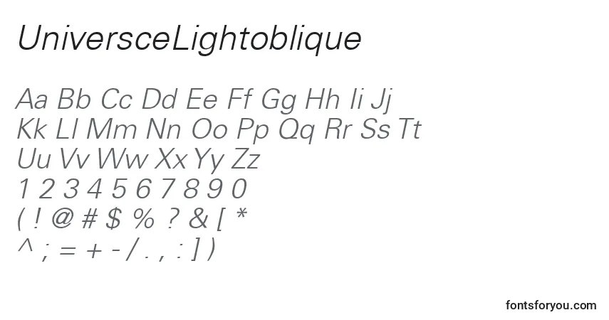 A fonte UniversceLightoblique – alfabeto, números, caracteres especiais